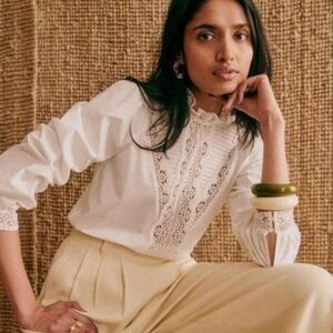 Sezane Laurianne Blouse White Long Sleeve Cotton Embroidered Top Size 34 US 2
